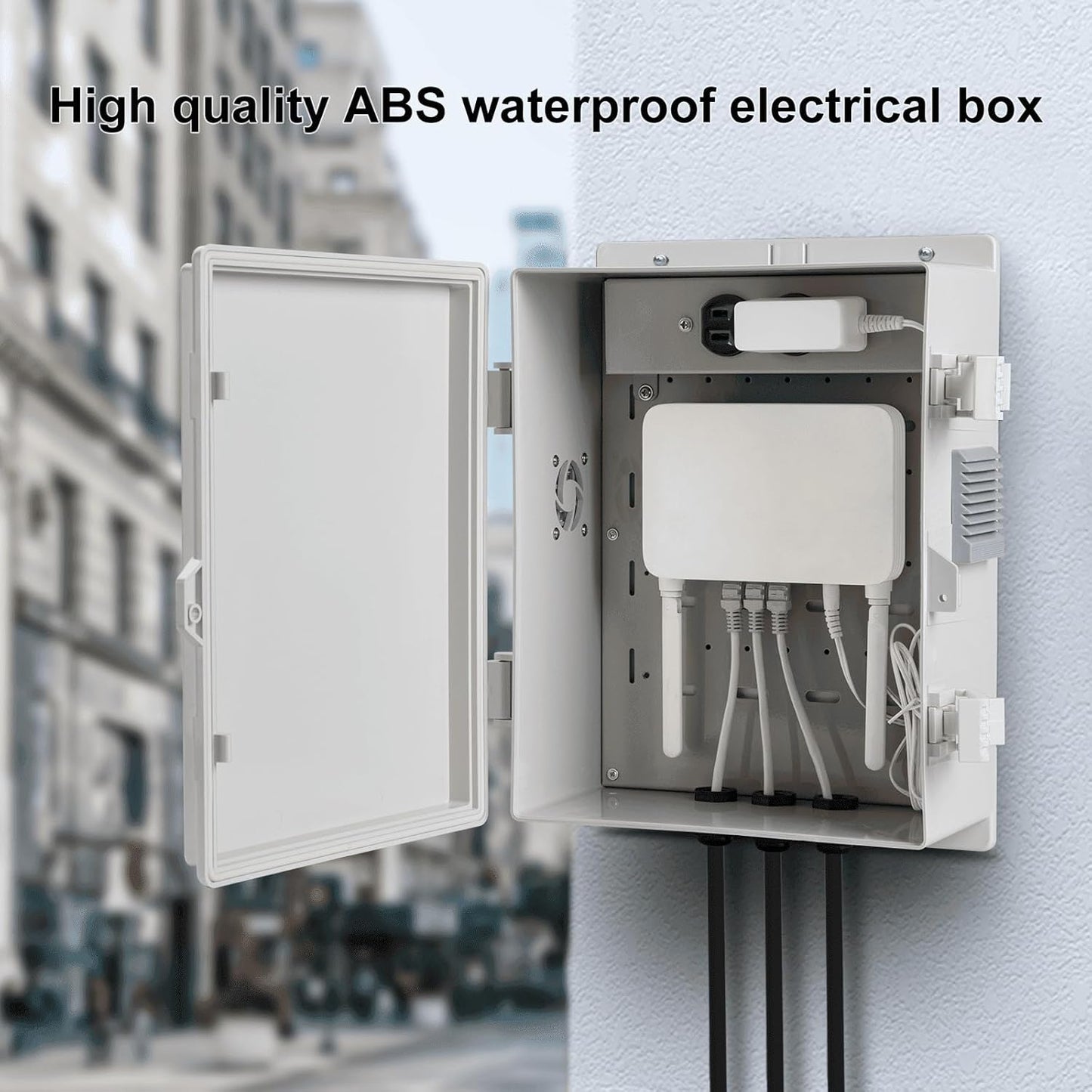 Outdoor Electrical Junction Box, ABS Water Resistant Enclosure with Internal Mounting Panel & Hinged Cover (13" H* 9.2" L* 4.6" W & Outlet)