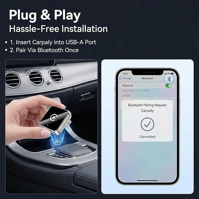 Wireless CarPlay Adapter, 2-in-1 Mini CarPlay & Android Auto Wireless Adapter, Plug & Play, Auto Connect, Car Accessories, Car Play Dongle Compatible with iPhone & Android