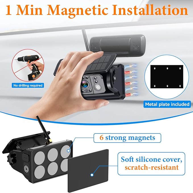 Wireless Backup Camera Solar for Truck: Magnetic Easy Install No Wiring Trailer Hitch Camera for Pickup Trucks - HD 1080P 5 Inch Split-Screen, IR Night Vision