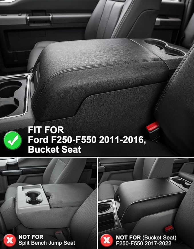 KBH Center Console Armrest Cover for Ford F250 F350 F450 F550 2011-2016, Auto Arm Rest Box Cushion Pad, PU Leather Trim, Anti-Scratch, Black-red Stitch (Fits Bucket Seat Console Only)