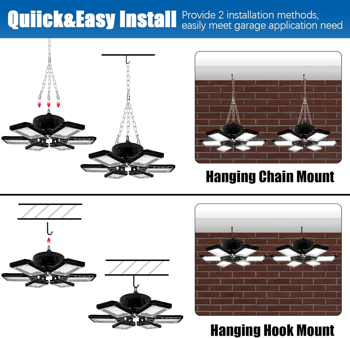 LED Garage Lights 2 Pack - 180W, 18000LM 6500K Led Shop Light with 6+1 Deformable Panels, Basement, Barn, Warehouse, Shop Ceiling Lights, E26/E27 for Multiple Uses