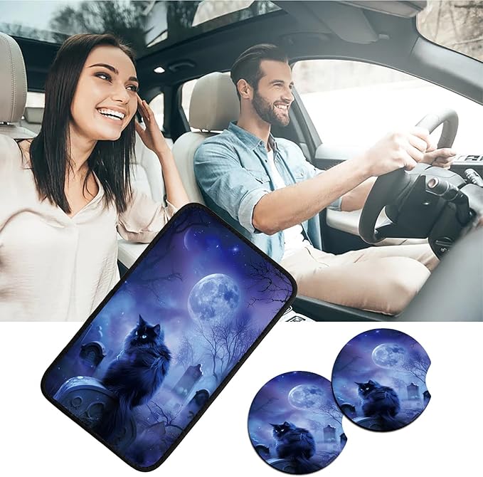 Car Armrest Cover Pads Universal Fashion Cute Auto Center Console Armrest Cover Pad with 2PCS Car Coasters Soft Waterproof Car Armrest Seat Protector for Women, Night Black Cat