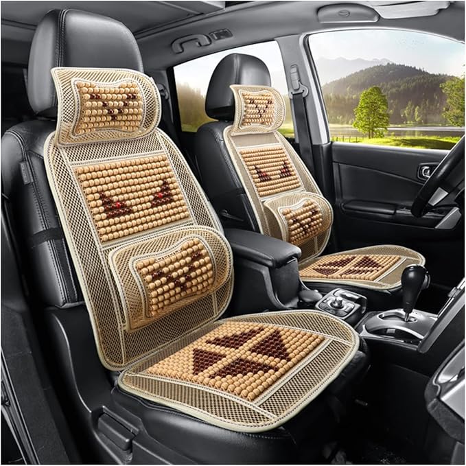 Natural Wood Beaded Seat Cover with Cooling Ventilated Mesh, Massage Seat Cushion with Lumbar Support for Car/Truck Driver