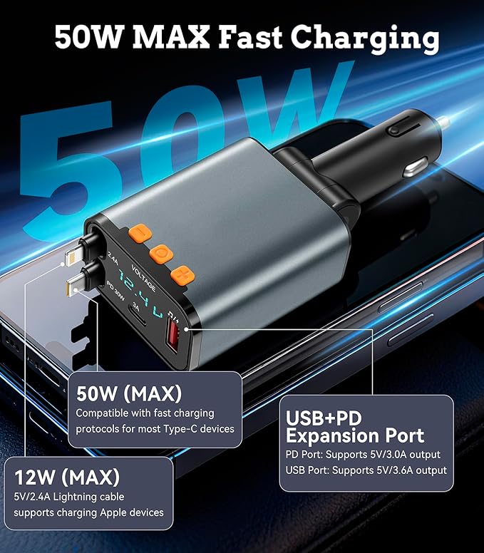 50W PD Car Charger with Bluetooth FM, Retractable Type-C & Lightning Cables, Hands-Free Calling Kit, USB MP3 Player & Voltage Display for 12V/24V Cars, Trucks