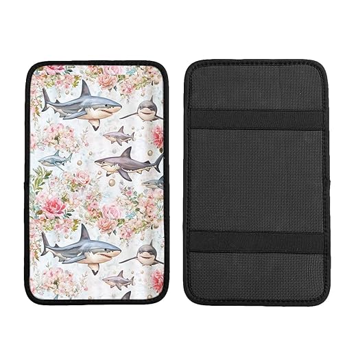Sharks Sea Life with Pink Car Auto Armrest Cushion Cover Accessories Center Console Seat Box Pad Protector Universal Decoration for Most Vehicle SUV Truck