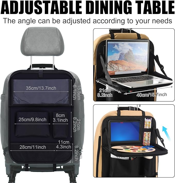 2 Pcs Backseat Car Organizers with Table Tray, 6 Storage Pockets Car Organizer with Tablet Holder, Kick Mats Protectors for Kids Travel Accessories Black, Unisex(Classic,Black)