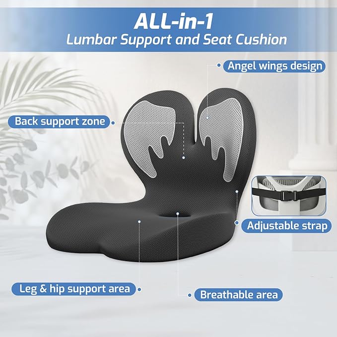 Memory Foam Seat Cushion,Orthopedic Ergonomic Seat Cushions for Tailbone,Sciatica, and Back Pressure Relief,L-Shaped Design & Adjustable Strap,Lumbar Support Pillow for Office,Car,Desk Chair