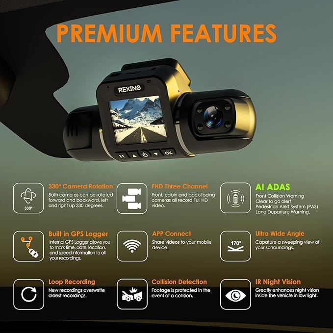 RexingUSA V2 PRO AI Dash Cam 3-Channel Front/Cabin/Rear 1080p Recording with Mobile App Night Vision Camera w/Front Collision Warning, Pedestrian Alert, Lane Departure Warning,Clear to Go Alert