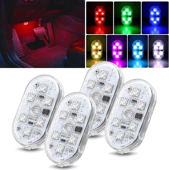 Nilight Wireless Magnetic RGB LED Interior Lights, 4 PCS 7 Colors USB Rechargeable Universal Mini Sticky Footwell Ambient Atmosphere Reading Lamp with Touch Sensor, Portable Night Lighting for Car