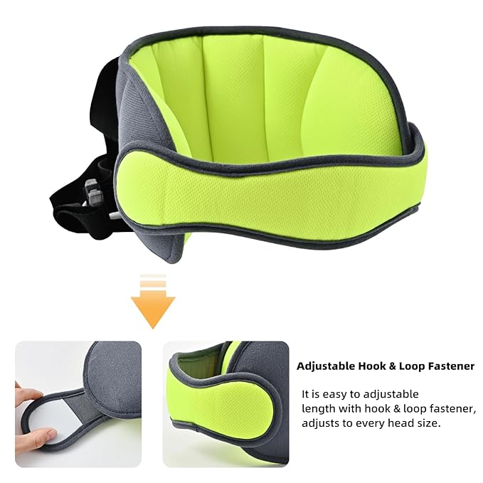 Child Car Seat Head Support Band, Adjustable Child Head Band Strap Headrest for Kids, Breathable, Safety Head & Neck Pillow Support - A Comfortable Sleep Solution, Grey & Fluorescent Green