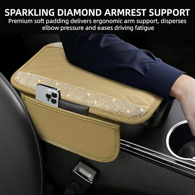 NBTEPEM Bling Beige Car Center Console Cover, Leather Car Arm Rest Cover with 2 Storage Bags, Universal Auto Armrest Protector Storage Box, Bling Accessories Interior for Most Vehicles