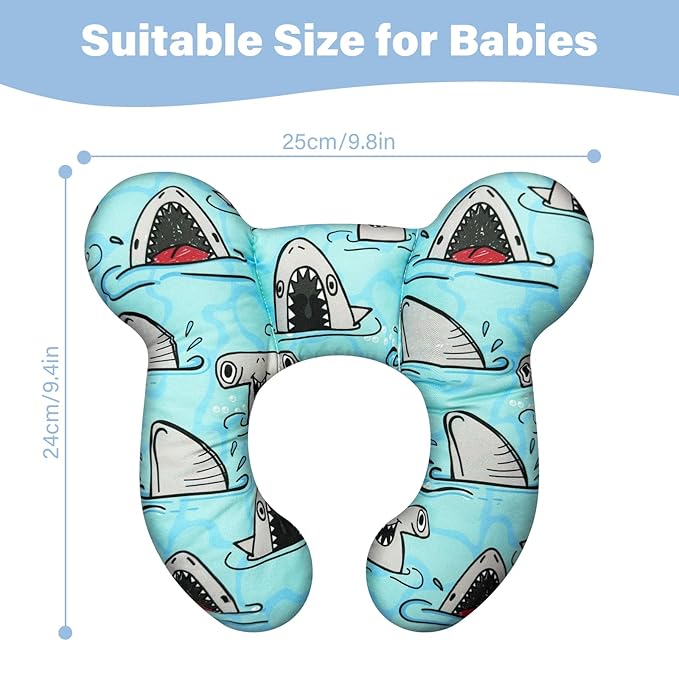 Baby Neck Pillows - Upgraded Toddler Travel Cushion for Toddler Head and Neck, Infant Neck Pillow for Car Plane Stroller Pushchair - Shark B