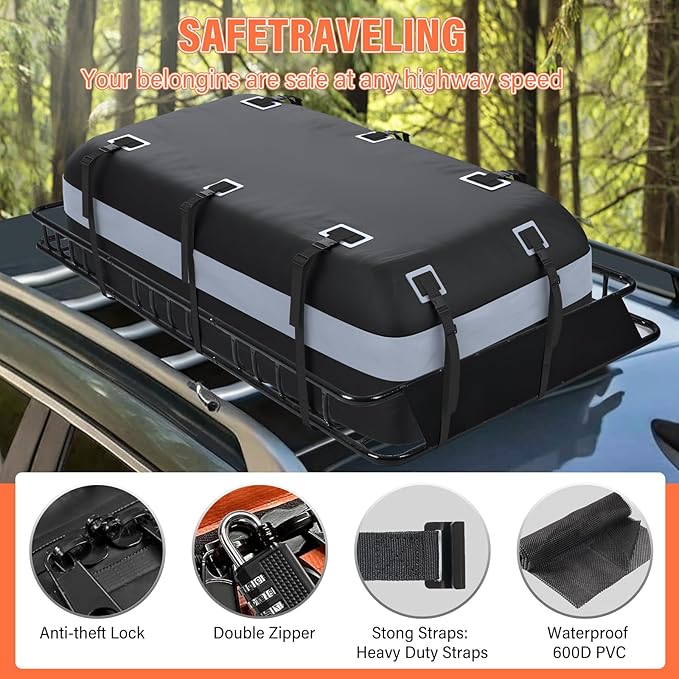 Heavy Duty Universal Rooftop Cargo Carrier Roof Rack, 64"x36"x5" Roof Rack Basket with 20 Cu.Ft Waterproof Bag, for SUV, Truck and Van, 250lbs Capacity, Corrosion Resistant (ROOF 64" and Bag)