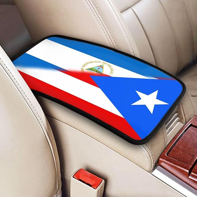Puerto Rico Nicaragua Nicaraguan Flag Auto Center Console Armrest Cover Car Handrail Box Cushion Pad Mat Universal Fit Most Vehicle Sedan Truck SUV Soft Comfort Decor Accessories