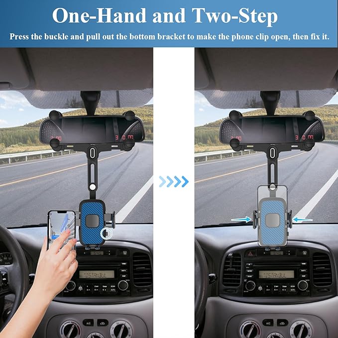 Phone Mount for Car, Rear View Mirror Phone Holder, Rotatable and Retractable Car Phone Holder Mount Rearview Mirror Phone Holder for Car Compatible with iPhone Samsung Cell Phones (Blue)