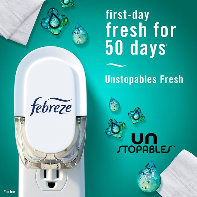 Febreze Plug-in Air Freshener, Odor-Fighting Scented Oil Refill, Air Fresheners for Home, Bathroom and Kitchen, Long Lasting, Unstopables Fresh Scent, 0.87oz Refills, Multi Color, 3 Count
