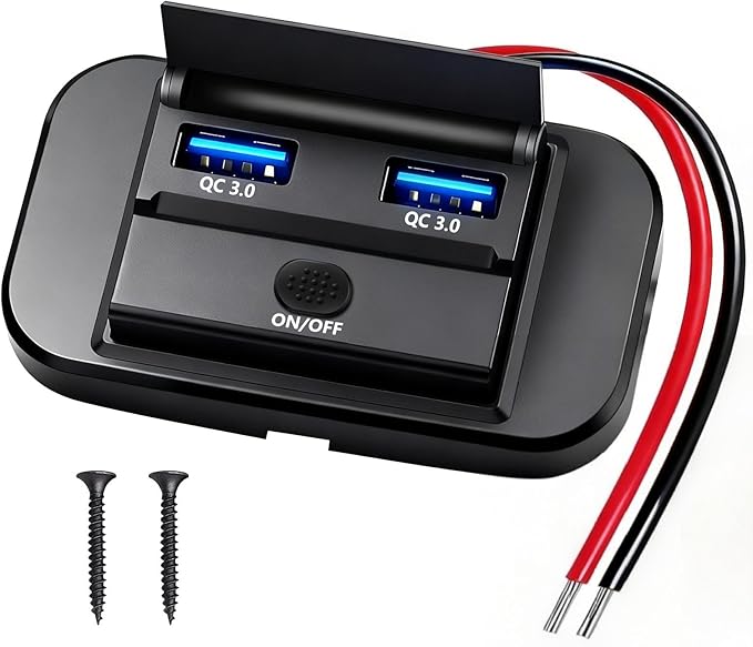 12V Flush Mount USB Charger with Power Switch, Multi-Port Car Charger for RV, Boat, Car, Bus, ATV, Motorcycle - Panel Mount Charging Accessories (QC+QC)