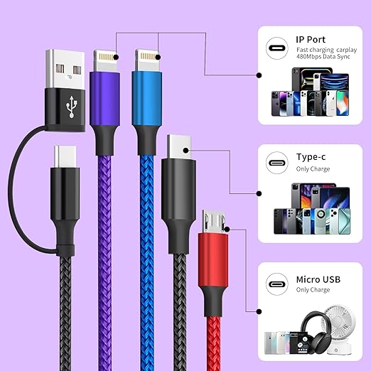 Travel 4 in 2 Multi Charging Cable with Dual IP, Tinned Copper Multi Phone Chargers for All Devices with IP/IP/Type C/Micro Port, Compatible with Most Cell Phones/Tablets and More (1Pack, 5FT)