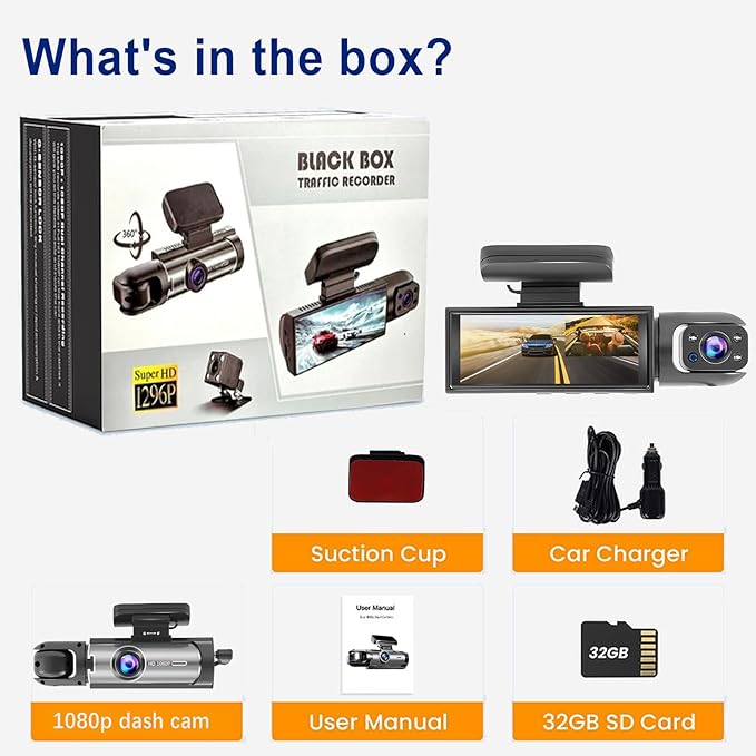 Dash Cam Front and Inside, 1296P Dual DashCams for Car, 3.16 Inch IPS Screen Driving Recorder with IR Night Vision, Loop Recording, Wide Angle Lens, 24H Parking Traffic Recorder with 32GB TF Card