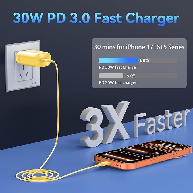 Phone 17 16 15 Charger Fast Charging,30W USB C Phone 17 16 15 Pro Max Charger Block &10FT Long Type C Cable Cord for i.Phone 17/Air/17 Pro/17 Pro Max/16/16 Plus/16 Pro/16 Pro Max/15/15 Pro Max,Yellow