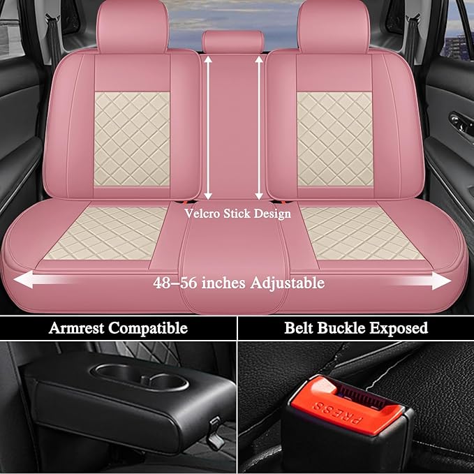otoez Pink Car Seat Covers Full Set, Universal Leather Seat Cover 5 Seat Waterproof & Breathable Automotive Seat Protector Full Coverage for Cars Sedens, Trucks, SUVs, Vans (Pink & White)