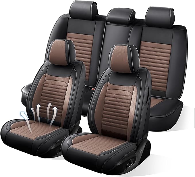 Car Seat Covers Full Set Fit for Toyota Prius 2001-2026, Premium Faux Leather Car Seat Protector,Breathable Anti-Slip Full Wrapping Edge Seat Covers(Black&Brown,Full Set)