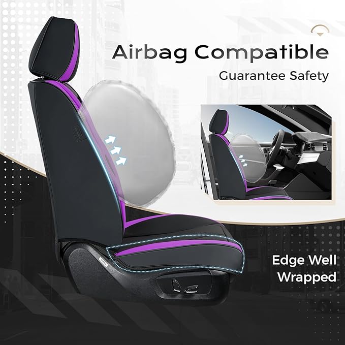 Coverado Car Seat Covers Full Set, Waterproof Nappa Leather Seat Covers for Car, Car Seat Protector with Lumbar Support, Automotive Seat Covers Universal Fit for Most Cars SUV Trucks, (Black&Purple)