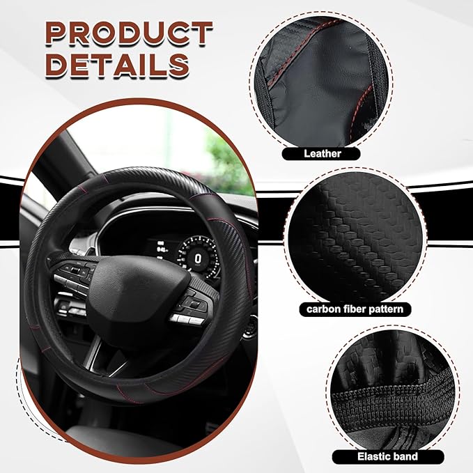15" Car Steering Wheel Cover, Carbon Fiber Leather Stitching Elastic Steering Wheel Protector, Anti-Slip/Breathable/Durable/Soft, Interior Accessories for Most Cars (Carbon Fiber Black+Black)
