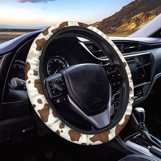 AFPANQZ Elastic Steering Wheel Cover, Brown Cow Pattern Non-Slip Steering Wheel Protective Covers, Women Men Car Accessories Universal 15 Inch Fit Auto, Suvs, Truck