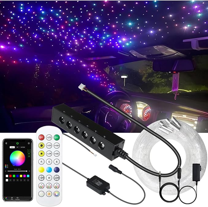 AZIMOM 6LED Colorful Fiber Optic Starlight Headliner Kits 360pcs*0.03in*13.1ft Fiber Strands APP& Remote Control Mix Color Chase Timing Fiber Optic Star Light for Car Home Sky Star Decoration