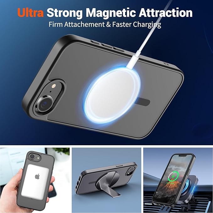 SUPFINE Magnetic for iPhone 17e Case/iPhone 16e Case (Compatible with MagSafe)(Military Grade Drop Protection) Slim Translucent Matte Shockproof with Anti-Fingerprint Phone Cover,Black