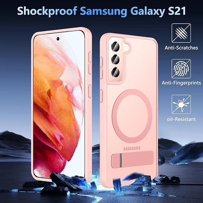 OWKEY for Samsung Galaxy S21 Case with Stand, Magnetic Shockproof Case Fit for Magsafe Translucent Matte Cover for Samsung S21, Pink
