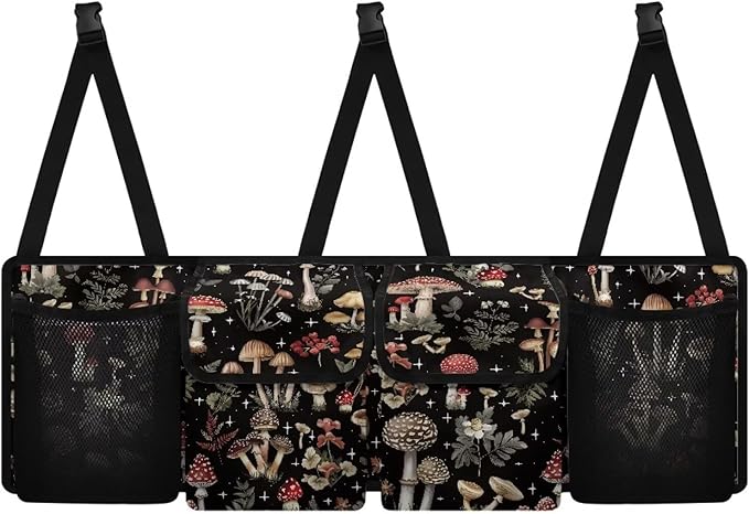 Mushroom Print Car Trunk Organizer, Backseat Hanging Large Storage with Adjustable Straps & 4 Pockets, Waterproof Foldable Cargo Bag, Car Interior Accessories