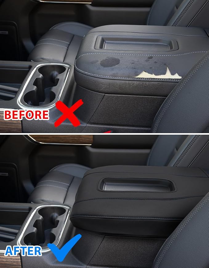 Center Console Armrest Cover for Chevy Silverado 1500 Accessories & GMC Sierra 2019-2026, Yukon & Tahoe & Suburban 2021-2026, Bucket Seat, PU Leather Middle Console Lid Cover Pad, Black-Blue Stitch