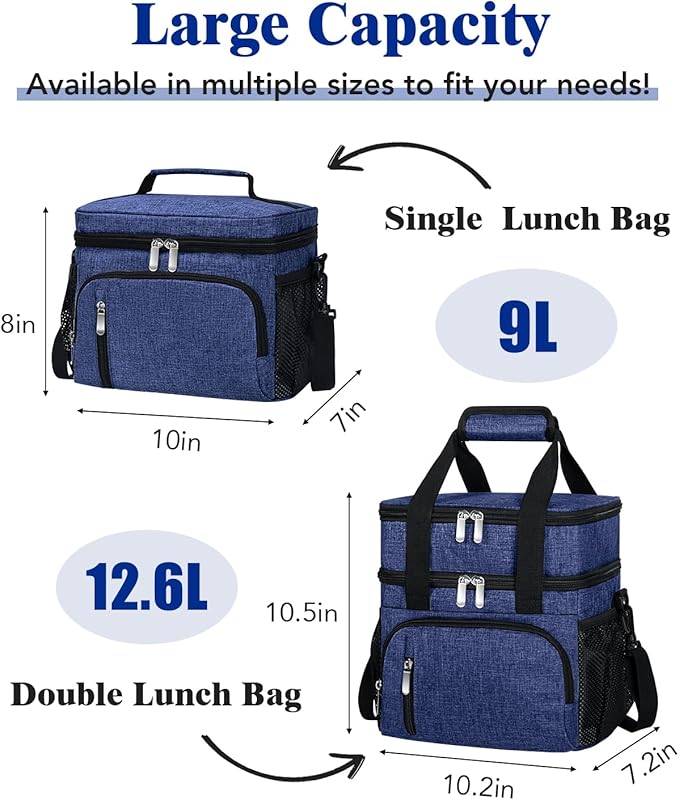 Insulated Lunch Bag for Men & Women, Double Leakproof Lunch Box Soft Cooler Tote with 5 Pockets, 600D Oxford, EVA Lining, Adjustable Strap for Work, Picnic, Beach&Travel-Navy Blue