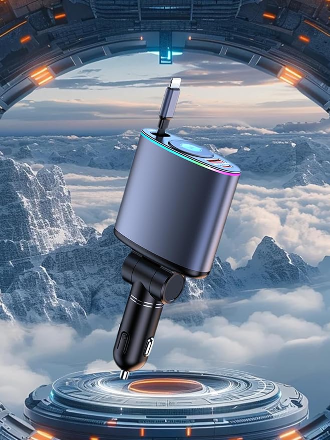 Retractable Car Charger,Topume 60W Fast Charging USB C Car Charger,Retractable Cable 2.9FT[for iPhone Cable] and Colorful Ambient Lighting car Adapter for iPhone 16/15/15 Pro Max/14/13/12/11,Galaxy