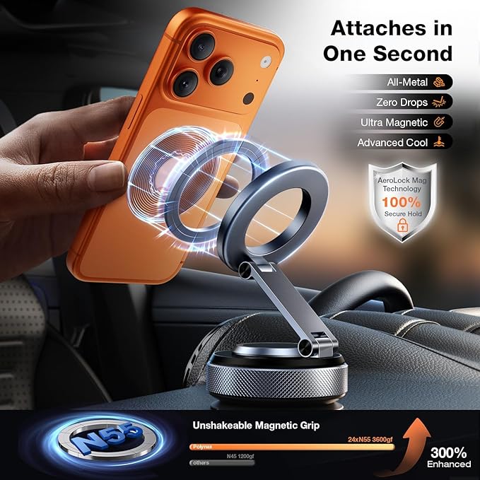 Aerospace Aluminum Magnetic Car Phone Mount for MagSafe [80LBS Vacuum Suction, 3200gf Strong Magnet] 360° Adjustable Car Phone Holder for iPhone 17 16 15 14 13 Pro Max