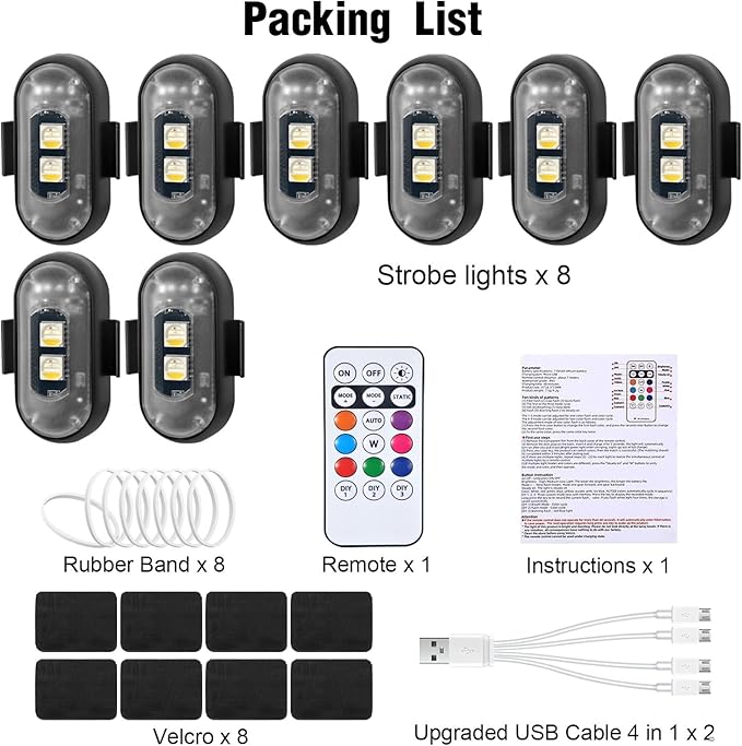 8PCS Wireless LED Strobe Lights with Remote Control, 8 Colors Rechargeable Led Lights Anti-Collision LED Emergency Warning Lights for Car Motorcycle Bike Drone Aircraft