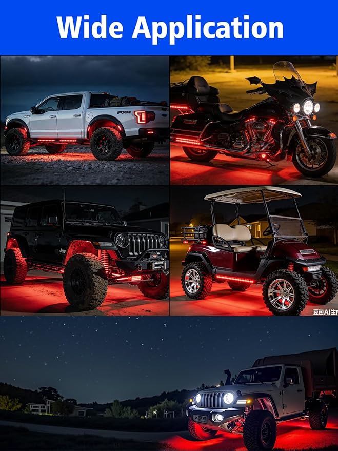 YM E-Bright 4Pcs Led Strip Lights for Car, 24inch Waterproof IP68 Car Underglow Strip Lights Decoration 36SMD 12V Led Interior Exterior Lights Strip for Cars Motorcycles Truck Golf Cart Boat - Red