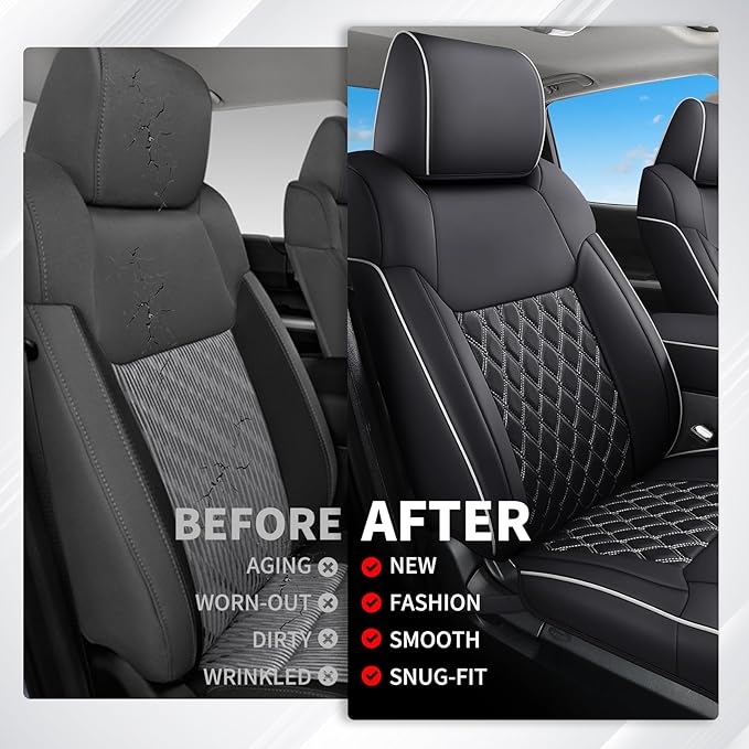 Huidasource Tacoma Front&Back Seat Covers Full Set, Automotive Leather Car Seat Cushion Cover Fit for 2005-2015 Double&Crew Cab 2nd Gen Toyota Tacoma Base SR5 Limited TRD Sport(Full Set/Black&White)
