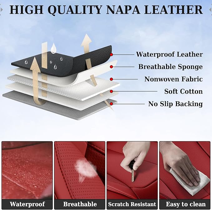 Coverado Universal Seat Covers Full Set, Universal Seat Covers for Cars, 5 Seats Waterproof Nappa Leather Car Seat Covers with Head Pillow, Auto Protectors Fit for Most Sedans SUV Pick-up Truck-Red