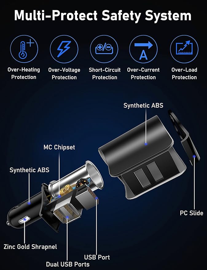 LIHAN 3 USB Car Charger, QC3.0 Output, Cigarette Lighter Adapter, 12V/24V Outlet Plug, Voltage Meter, Compatible for iPhone,iPad, Samsung, USB Charging Devices