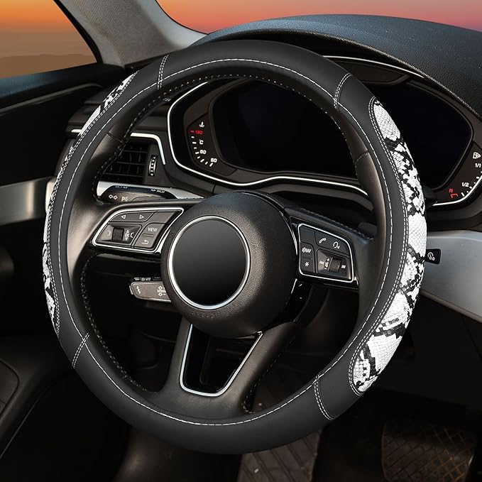 ZHOL Snake Skin Leather Steering Wheel Cover,Black and White Animal Fur Car Accessory Steering Wheel Cover,Universal 14.5-15inch,Anti-Slip Car Steering Wheel Protector for Women Men