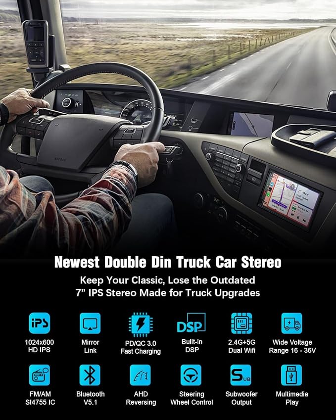 【SOOEMAKA】 Radio for Truck,Double Din Car Stereo with Wireless Carplay&Android Auto,7 inch Truck Radio Upgrade PD/QC 3.0 Fast Charging/16~36V/Bluetooth 5.1/AM/FM/DSP/SUB/SWC