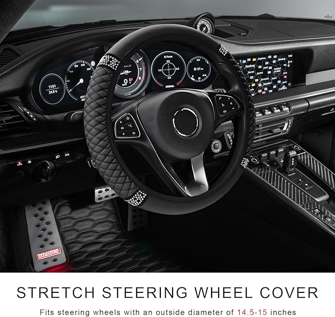 Bling Soft Leather Steering Wheel Cover, 14.5-15 Inch Sparkly Rhinestones Non-Slip Car Steering Wheel Protector, Elastic Auto Steering Wheel Cover Interior for Women Girls (Black)