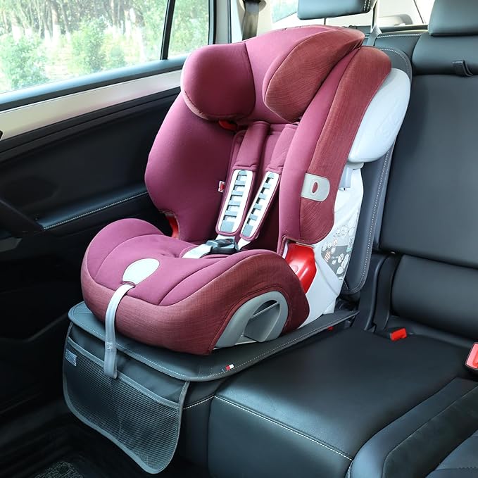 Car Seat Protector Leather Waterproof Child Safety Seat Protector Cover with Thick Pad and 2 Large Pockets Durable Kick Mat for All Auto Seat (Deep Gray)