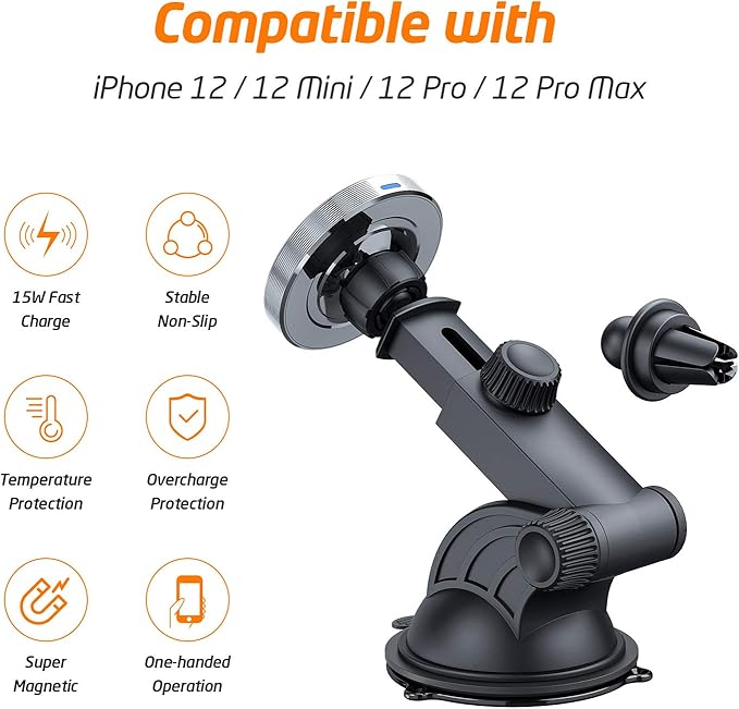 WixGear 15W Wireless Magnetic Car Charger, Air Vent & Dashboard Mount for iPhone 13/13 Pro/12/X Thru Mini with Auto Alignment