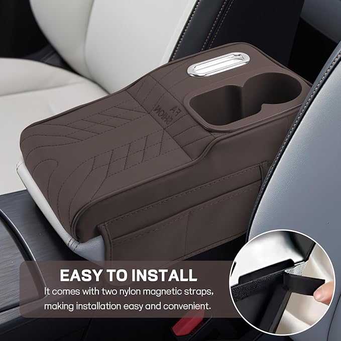 Car Center Console Armrest Pillow, 13.4"×7.5"×2" Leather Auto Arm Rest Cover with Pocket & Tissue Box & Cup Holder, Multifunctional Vehicle Armrest Cushion Pad, Car Accessories (Brown)