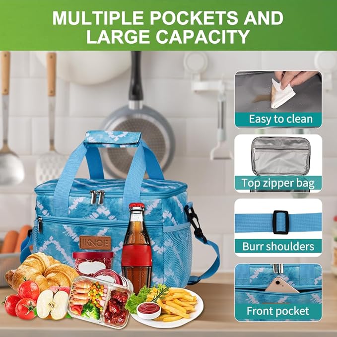 iknoe Insulated Lunch Bag, Foldable 8.5L Cooler Bag for Men & Women, Leakproof Thermal Design, Great for Office, Picnic, Travel, Lunch Box,Blue White