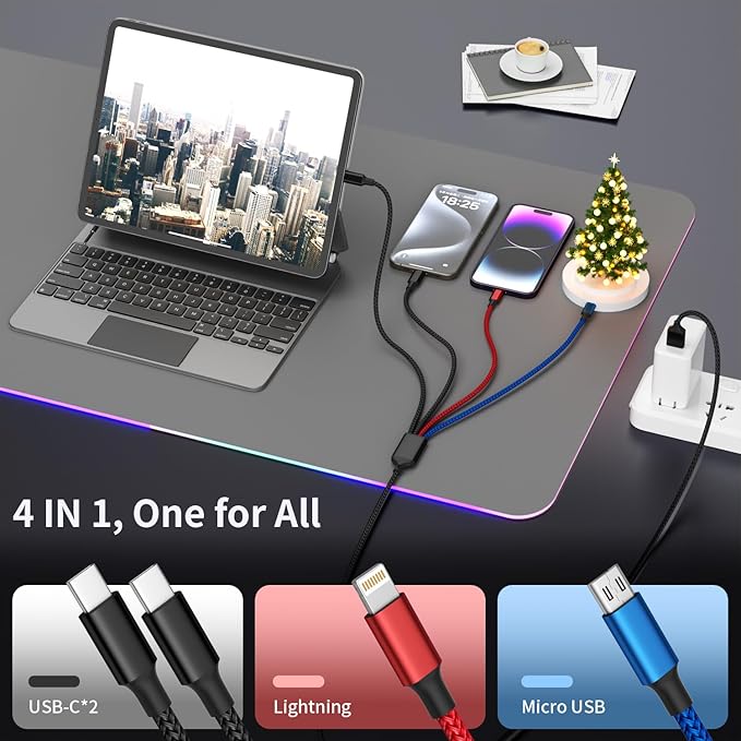 Dual Type-C 4 in 1 Multi Charging Cable for iPhone 17/ Galxy S26, Travel Cruise Essentials, USB Cable iPhone Charger Cord, Charging Cords for iPhone17-8/Androids/iPad and More, Car Charger (2Pack 5FT)